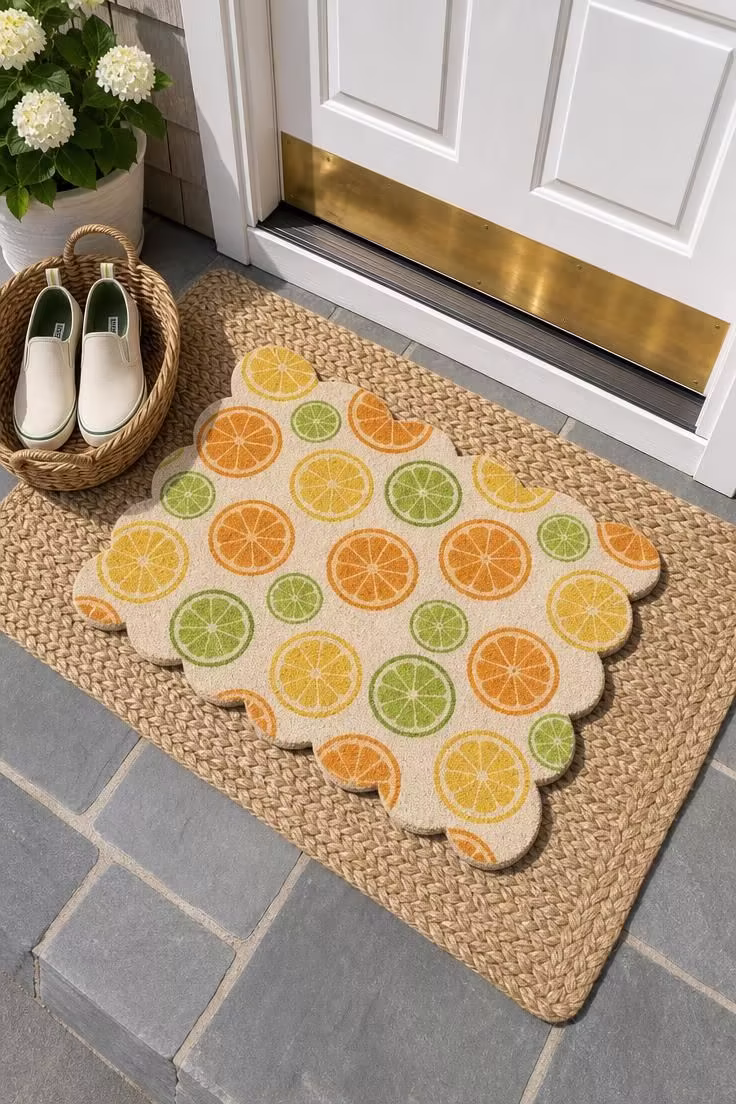 11 Sunny Summer Front Door Decor Ideas to Try Today 3 A scalloped citrus-print coir doormat layered over a chunky natural jute rug on a bluestone step beneath a white front door in bright midday light.