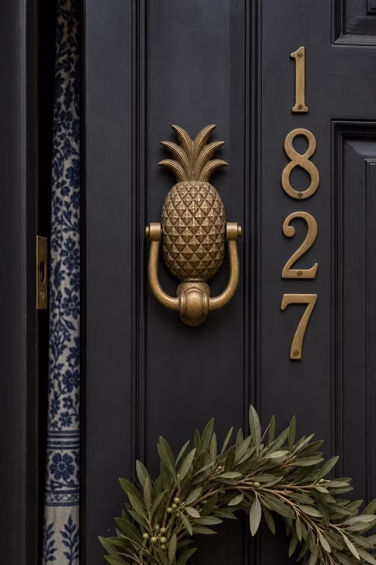 11 Sunny Summer Front Door Decor Ideas to Try Today 4 An unlacquered brass pineapple door knocker beside vertical brass house numbers on a matte black front door in soft diffused light.