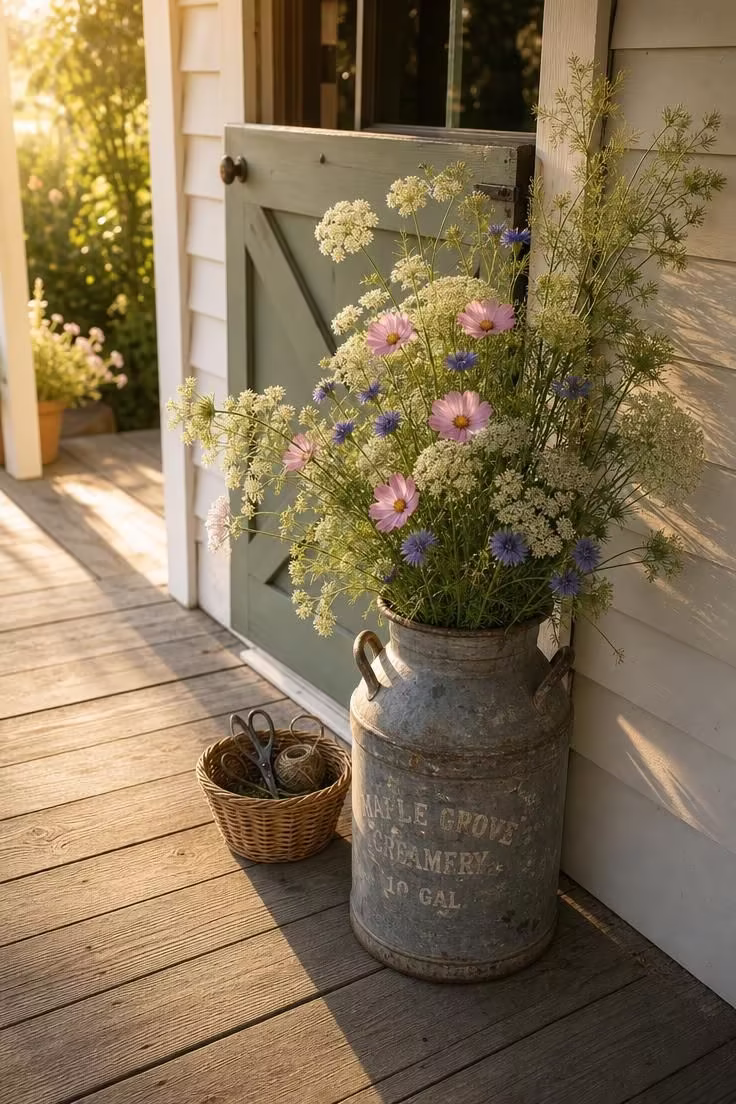11 Sunny Summer Front Door Decor Ideas to Try Today 5 A vintage galvanized milk can filled with cosmos, queen anne's lace, and cornflowers stands beside a sage green Dutch door in warm afternoon light.