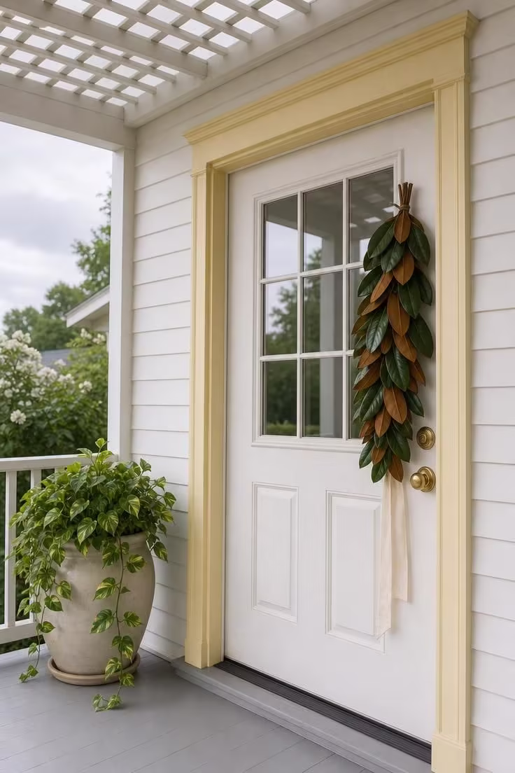 11 Sunny Summer Front Door Decor Ideas to Try Today 6 A vertical magnolia-leaf swag cascades down a creamy white door with butter-yellow trim in soft cool overcast morning light.