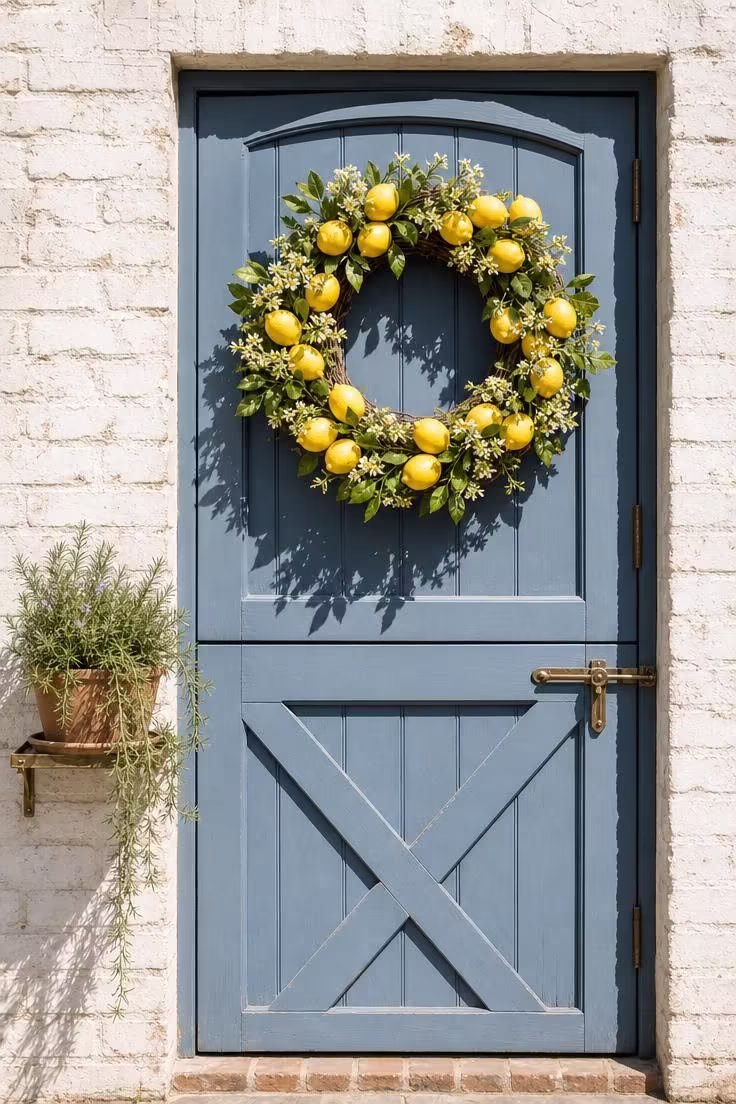 11 Sunny Summer Front Door Decor Ideas to Try Today 7 A 24-inch grapevine wreath of faux lemons and lemon leaves hangs on the upper half of a slate-blue Dutch door under bright midday sun.
