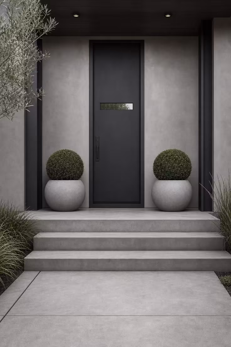 11 Sunny Summer Front Door Decor Ideas to Try Today 8 Two matte gray concrete sphere planters with tightly clipped rosemary topiaries flank a charcoal modern front door in soft diffused light.