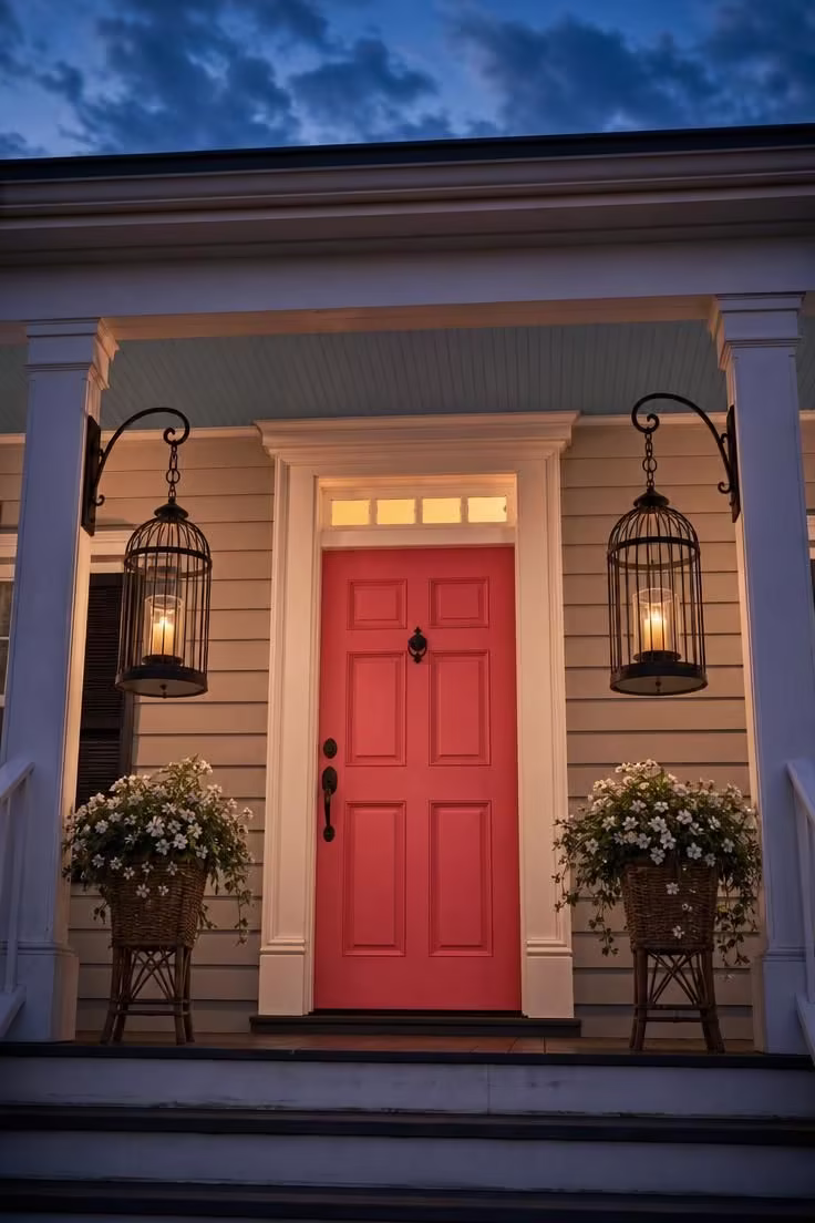 11 Sunny Summer Front Door Decor Ideas to Try Today 9 Two large black birdcage lanterns on iron shepherds-hook brackets hang beside a coral painted door under moody dusk light.