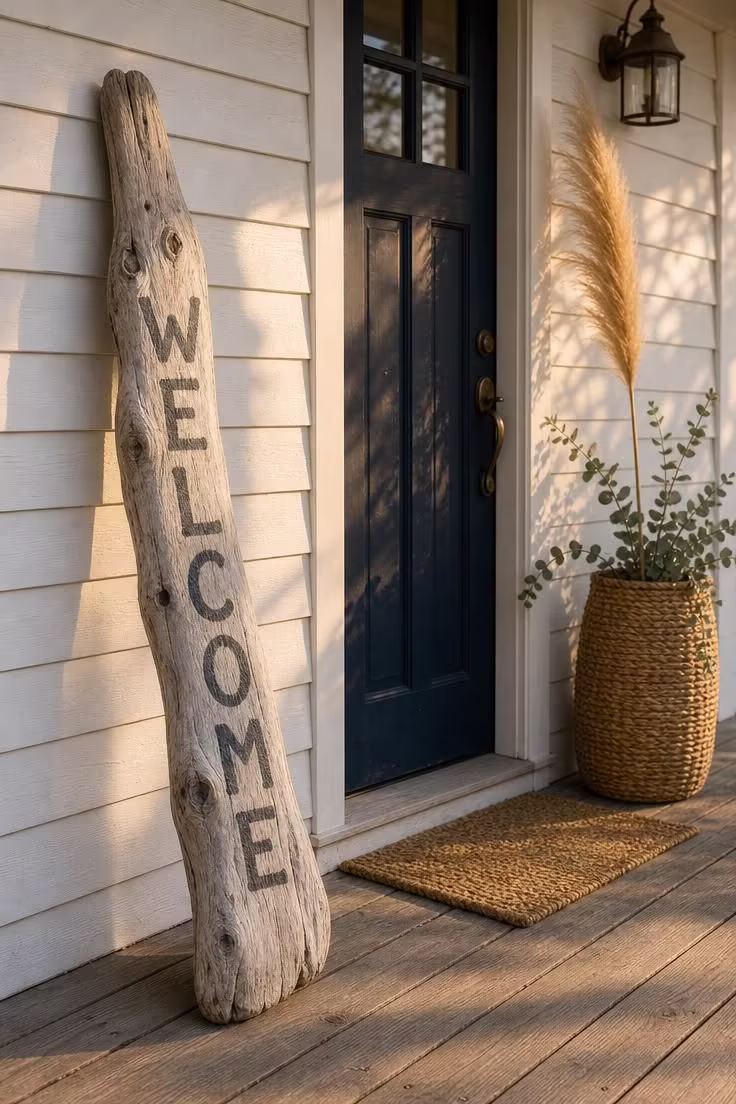 11 Sunny Summer Front Door Decor Ideas to Try Today 10 A bleached driftwood Welcome sign with charcoal lettering leans against white clapboard beside a navy front door in warm afternoon light.