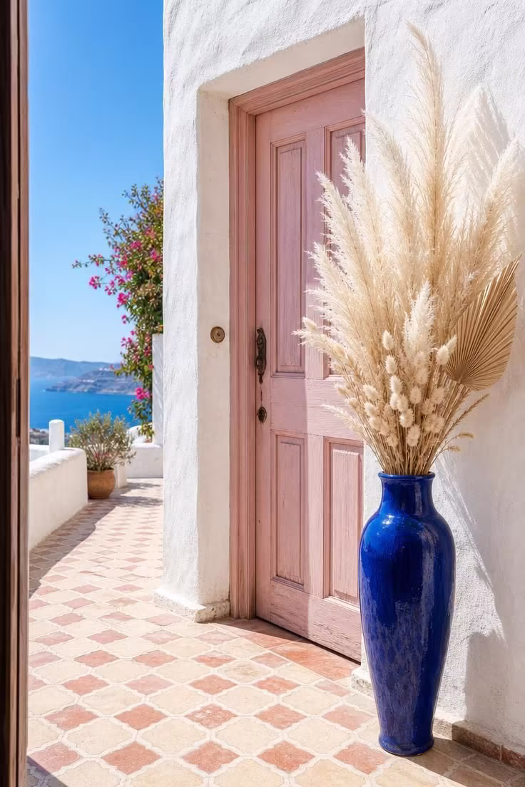 11 Sunny Summer Front Door Decor Ideas to Try Today 11 A tall cobalt-blue glazed floor vase holds cream pampas grass and bunny tails beside a pale pink front door on Mediterranean tile in bright midday sun.