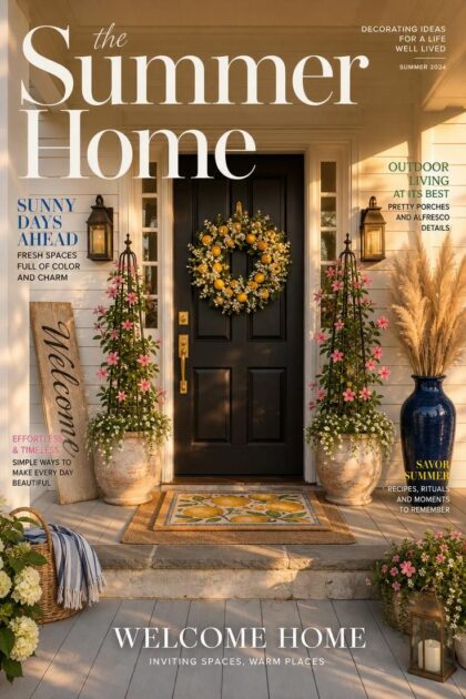 11 Sunny Summer Front Door Decor Ideas to Try Today An editorial front door scene with a matte black door, faux lemon wreath, whitewashed terracotta urns with pink mandevilla, layered citrus mat on jute, cobalt pampas grass vase, and a leaning driftwood Welcome sign in golden afternoon light.