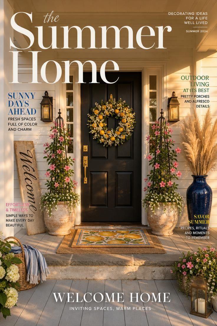 An editorial front door scene with a matte black door, faux lemon wreath, whitewashed terracotta urns with pink mandevilla, layered citrus mat on jute, cobalt pampas grass vase, and a leaning driftwood Welcome sign in golden afternoon light.