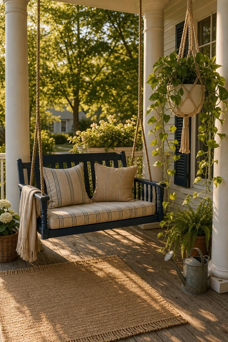13 Summer Front Porch Decor Ideas That Will Stop Traffic 1 Navy porch swing with cream linen cushions and trailing pothos in a macrame hanger on a summer front porch