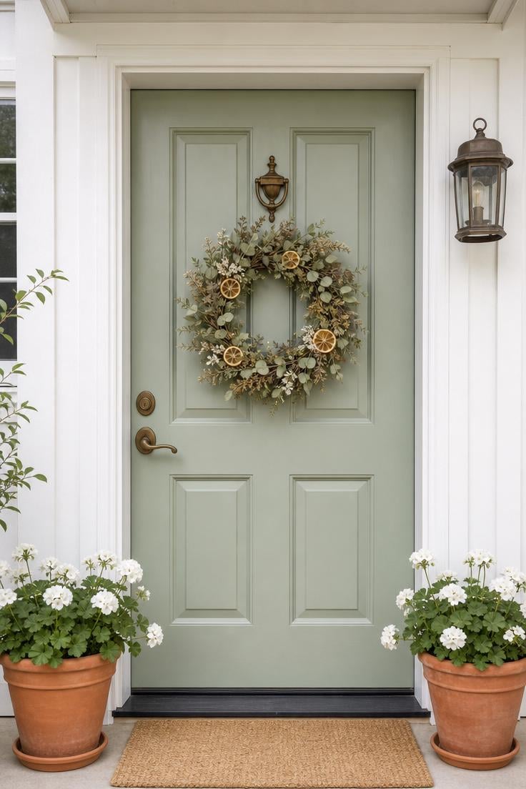 13 Summer Front Porch Decor Ideas That Will Stop Traffic 2 Sage green front door with eucalyptus and dried lemon wreath, flanked by terracotta pots with white geraniums