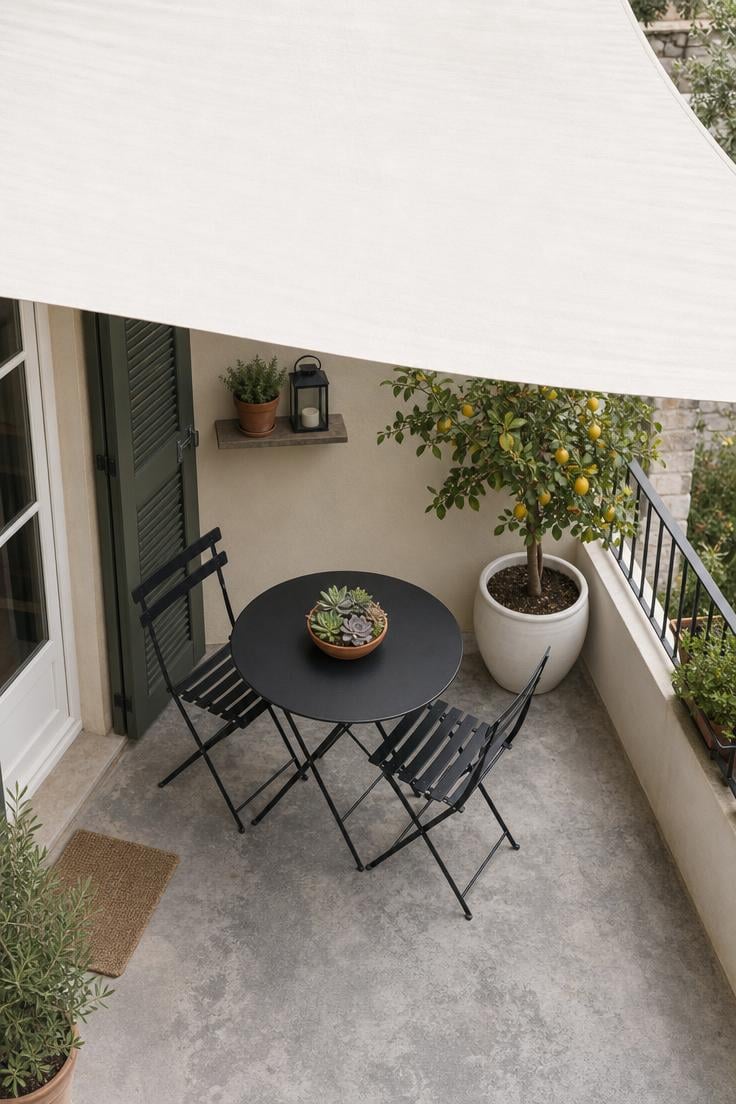 13 Summer Front Porch Decor Ideas That Will Stop Traffic 3 Matte black bistro table and chairs under a white shade sail on a summer front porch with a potted lemon tree