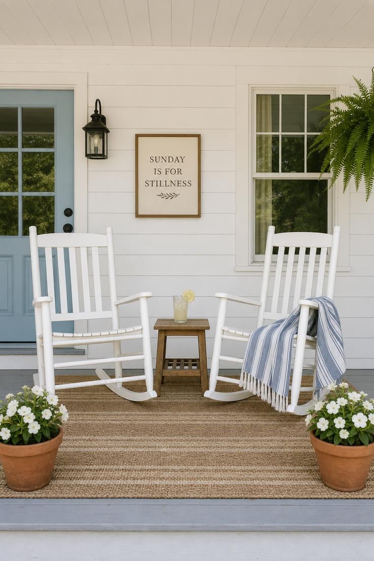 13 Summer Front Porch Decor Ideas That Will Stop Traffic 4 Two white rocking chairs on a striped jute rug with a blue-and-white throw on a summer front porch