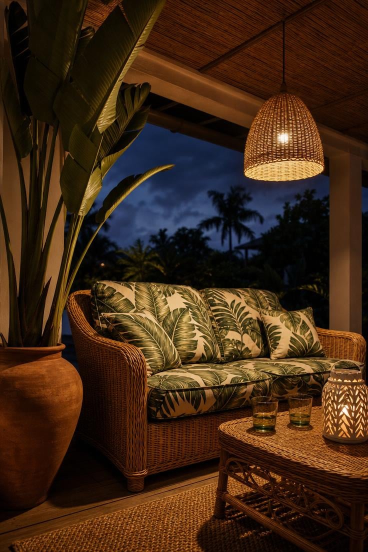 13 Summer Front Porch Decor Ideas That Will Stop Traffic 5 Wicker loveseat with tropical print cushions and a tall bird of paradise plant on a moody summer porch