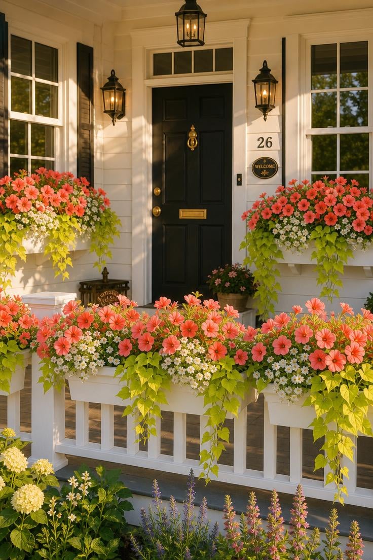 13 Summer Front Porch Decor Ideas That Will Stop Traffic 6 Window boxes with coral petunias, white calibrachoa, and trailing sweet potato vine on a summer front porch