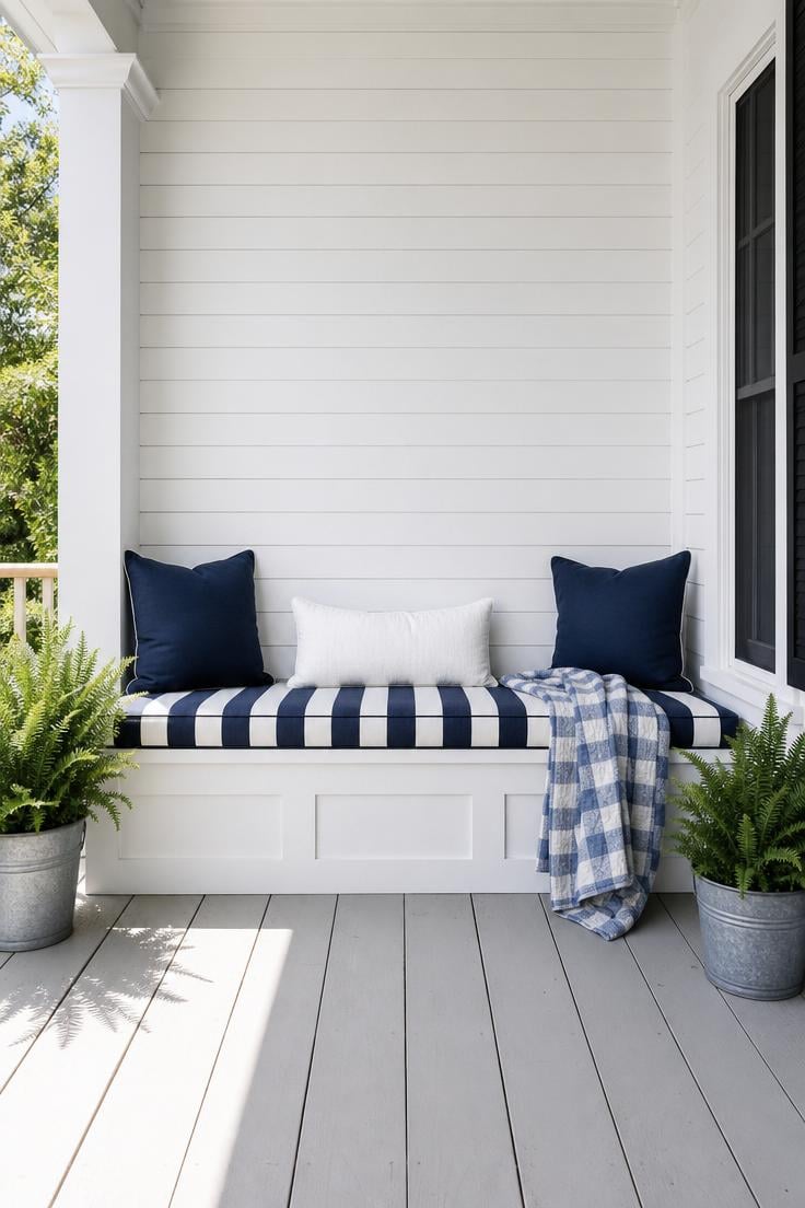 13 Summer Front Porch Decor Ideas That Will Stop Traffic 8 Built-in porch bench with navy and white stripe cushions and potted ferns on a summer front porch