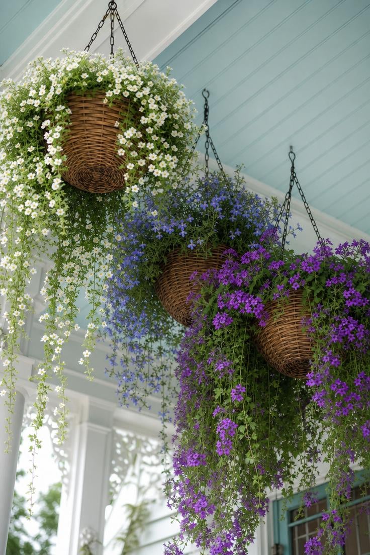 13 Summer Front Porch Decor Ideas That Will Stop Traffic 9 Three hanging baskets with white bacopa, blue lobelia, and trailing purple verbena on a summer front porch ceiling
