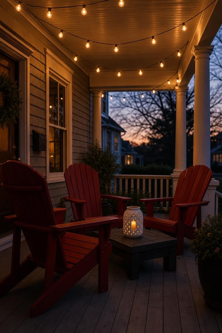 13 Summer Front Porch Decor Ideas That Will Stop Traffic 10 Three deep red Adirondack chairs under string lights on a summer front porch at dusk