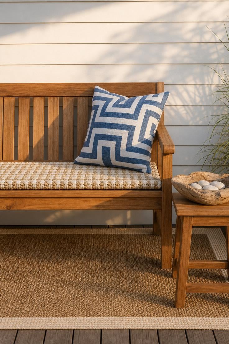 13 Summer Front Porch Decor Ideas That Will Stop Traffic 11 Teak porch bench with coastal rope accent cushion and blue-and-white pillow on a summer front porch