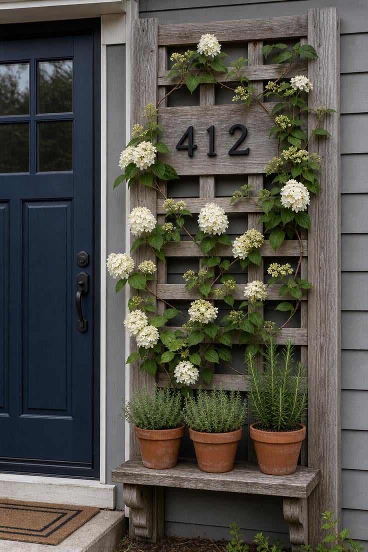 13 Summer Front Porch Decor Ideas That Will Stop Traffic 12 Climbing hydrangea on a cedar trellis panel beside a navy front door with black house numbers and herb shelf