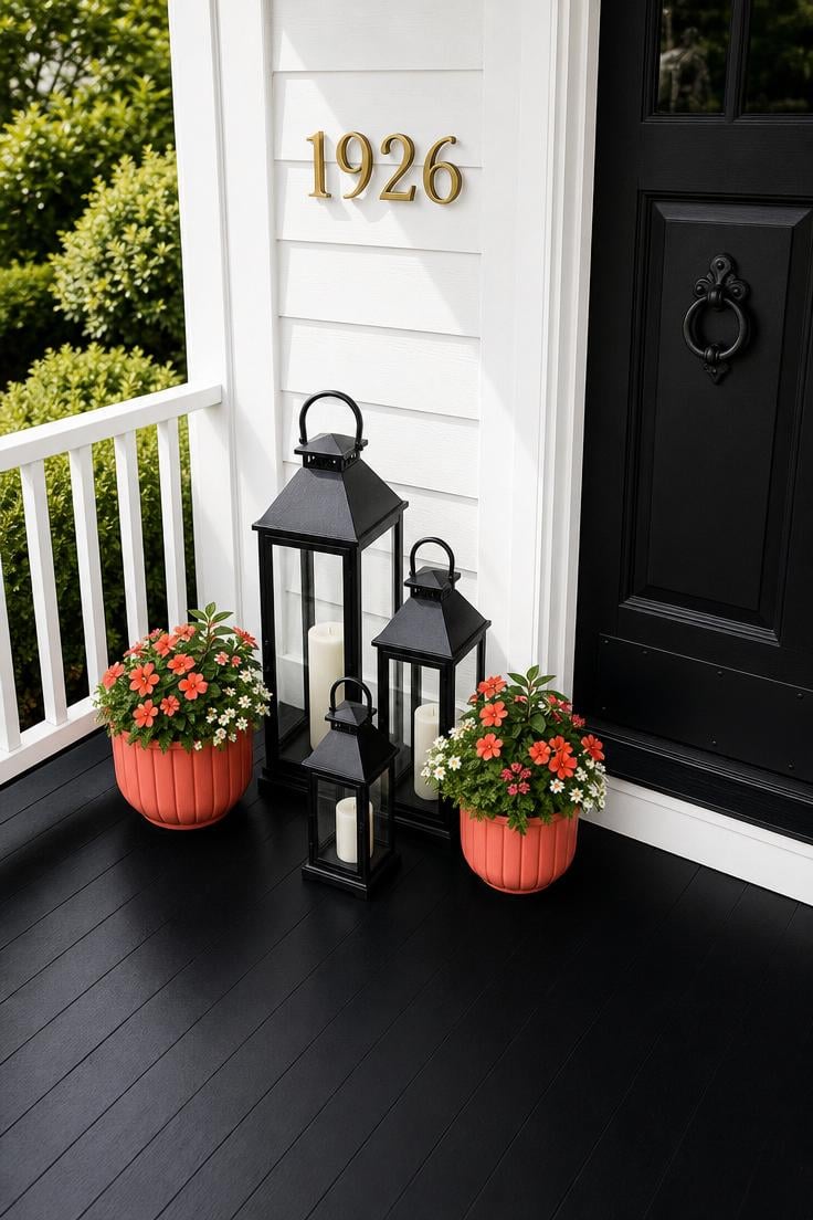 13 Summer Front Porch Decor Ideas That Will Stop Traffic 13 Black lantern cluster on a painted black porch floor with coral planters and gold house numbers