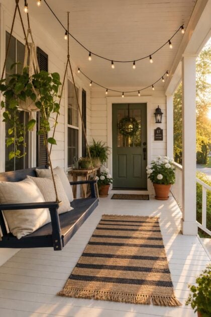 13 Summer Front Porch Decor Ideas That Will Stop Traffic Welcoming summer front porch with navy swing, sage green door, string lights, and terracotta planters at golden hour