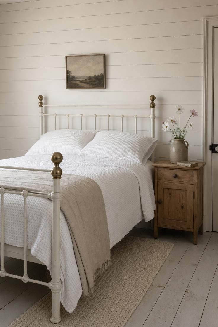 10 Breezy Summer House Bedroom Ideas For Slow Mornings 1 A whitewashed iron bedframe against chalky shiplap walls in a soft, light-filled summer house bedroom.