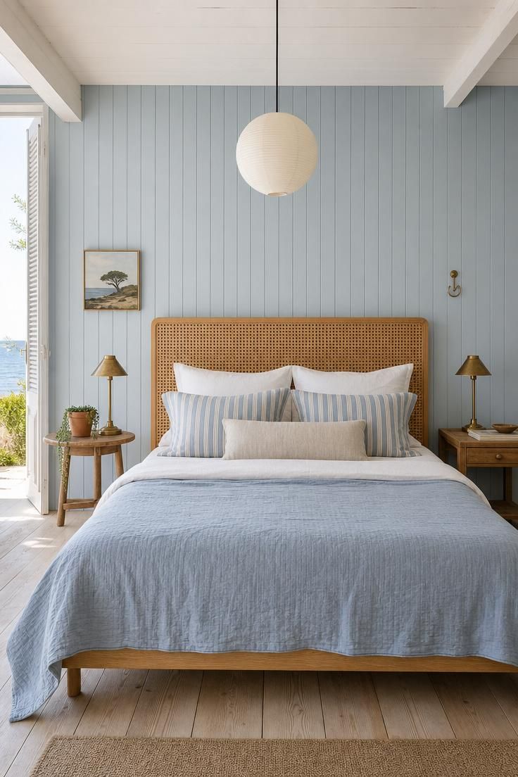 10 Breezy Summer House Bedroom Ideas For Slow Mornings 2 Pale blue tongue-and-groove paneling behind a caned rattan headboard in a bright, breezy bedroom.