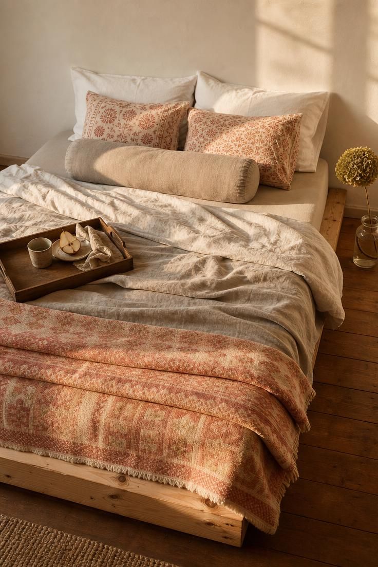 10 Breezy Summer House Bedroom Ideas For Slow Mornings 3 A flax linen duvet layered over a vintage Welsh quilt on a low pine bed in golden afternoon light.