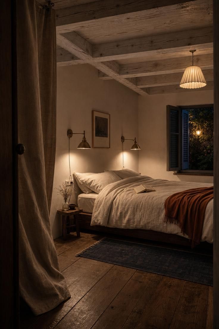 10 Breezy Summer House Bedroom Ideas For Slow Mornings 4 Whitewashed pine beams above a bed lit by two warm brass sconces in a moody low-lit summer house bedroom.