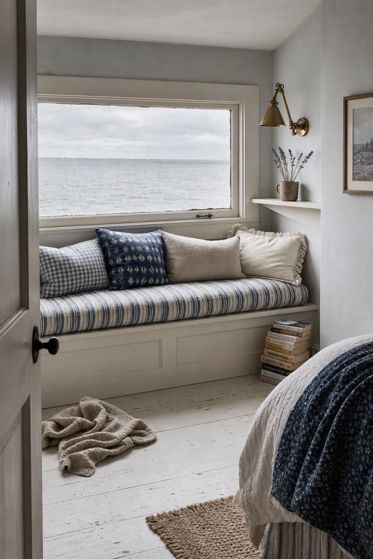 10 Breezy Summer House Bedroom Ideas For Slow Mornings 5 A window seat with faded ticking stripe cushion overlooking a grey bay through old casement windows.