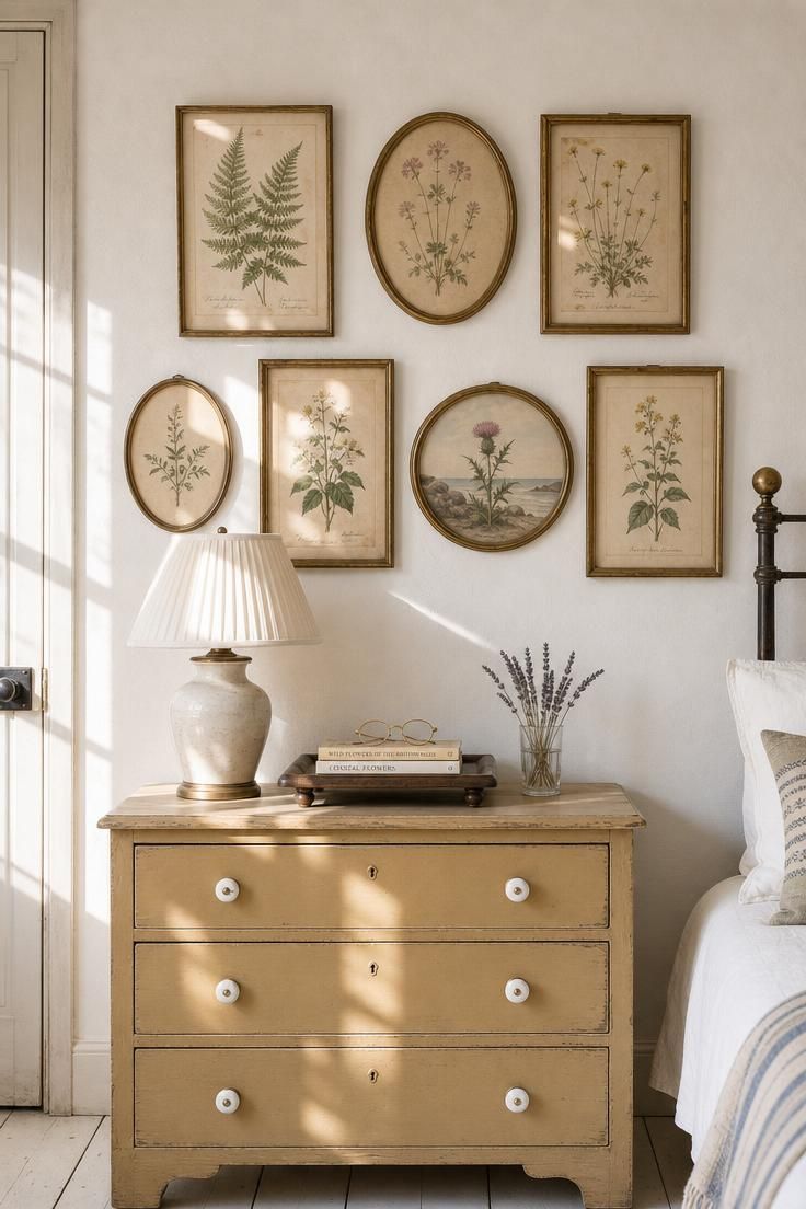 10 Breezy Summer House Bedroom Ideas For Slow Mornings 8 A tight grid of vintage botanical watercolors in tarnished brass frames above a pale ochre painted dresser.