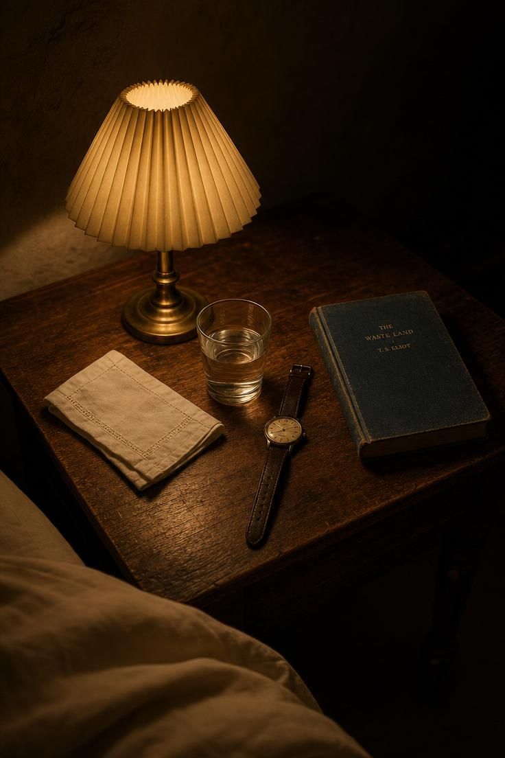 10 Breezy Summer House Bedroom Ideas For Slow Mornings 9 A pleated paper lampshade glowing on a worn walnut nightstand in a moody low-lit summer house bedroom at night.