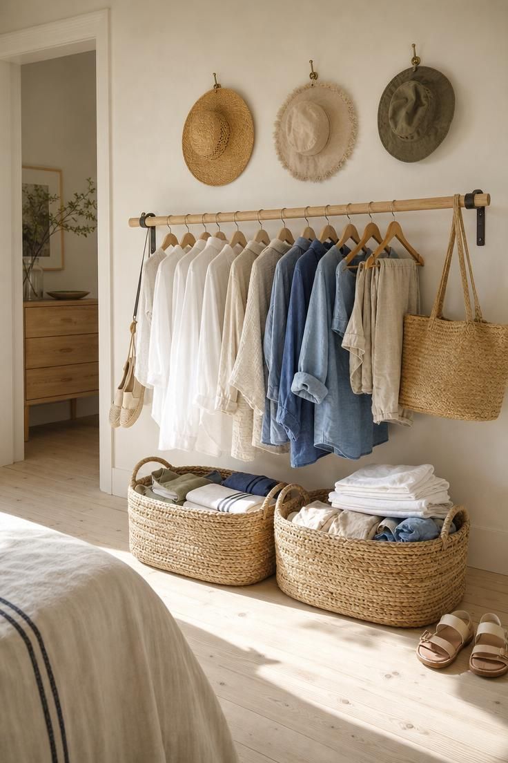 10 Breezy Summer House Bedroom Ideas For Slow Mornings 10 An open clothing rail with linen shirts, seagrass baskets, and sun hats in a bright summer house bedroom corner.