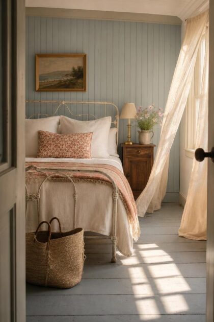 10 Breezy Summer House Bedroom Ideas For Slow Mornings A breezy summer house bedroom in soft morning light with a white iron bed, pale blue paneling, linen bedding, and sheer curtains lifting in the breeze.