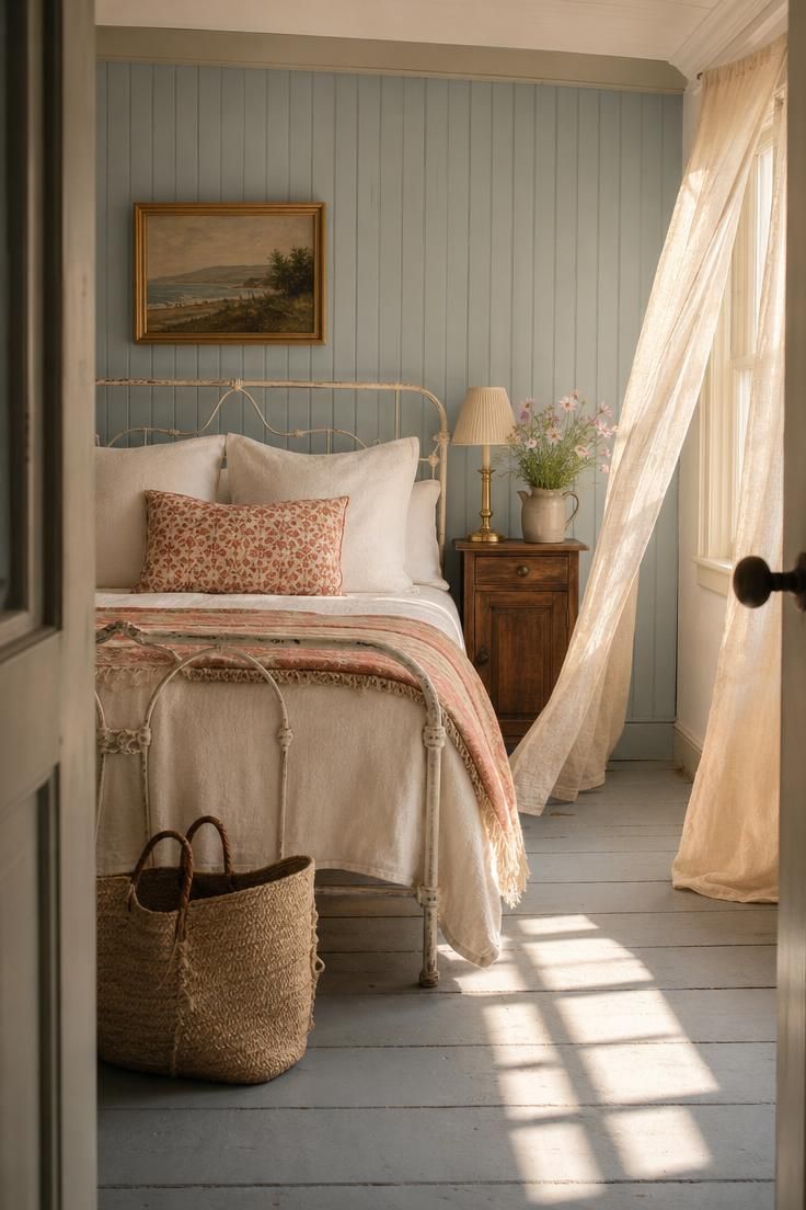 A breezy summer house bedroom in soft morning light with a white iron bed, pale blue paneling, linen bedding, and sheer curtains lifting in the breeze.
