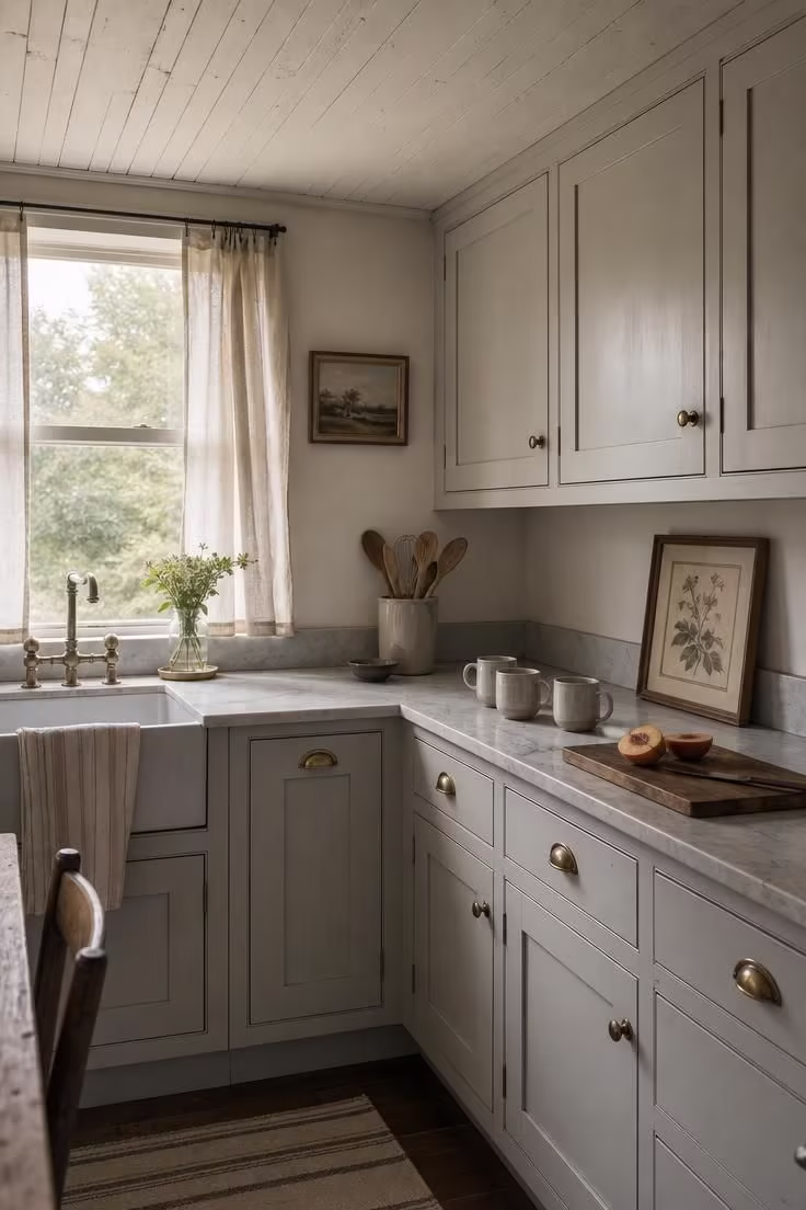 13 Breezy Summer House Kitchen Ideas for Sunny Mornings 1 Pale driftwood-gray painted cabinets below a whitewashed beadboard plank ceiling in a soft-lit cottage kitchen.