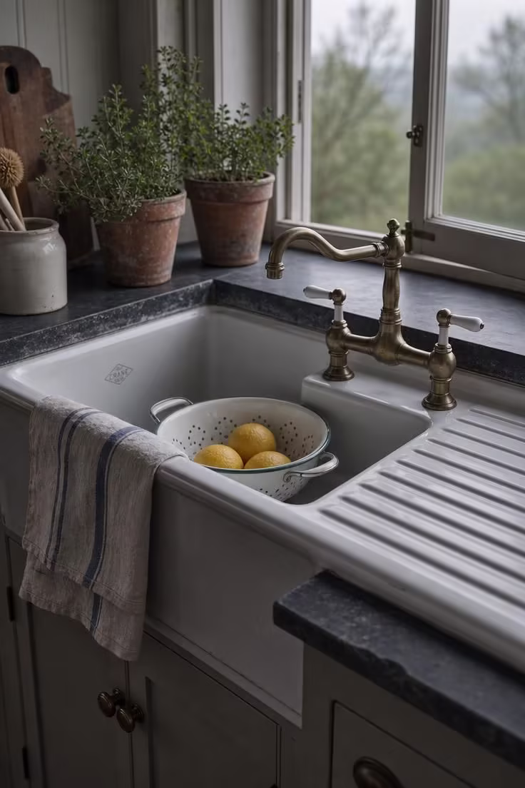 13 Breezy Summer House Kitchen Ideas for Sunny Mornings 2 A vintage cast iron drainboard farmhouse sink set into honed black-gray soapstone counters with brass bridge faucet.