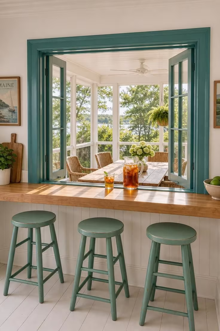 13 Breezy Summer House Kitchen Ideas for Sunny Mornings 3 A long pass-through window with painted teal trim opens from the kitchen to a screened summer porch with bar seating.