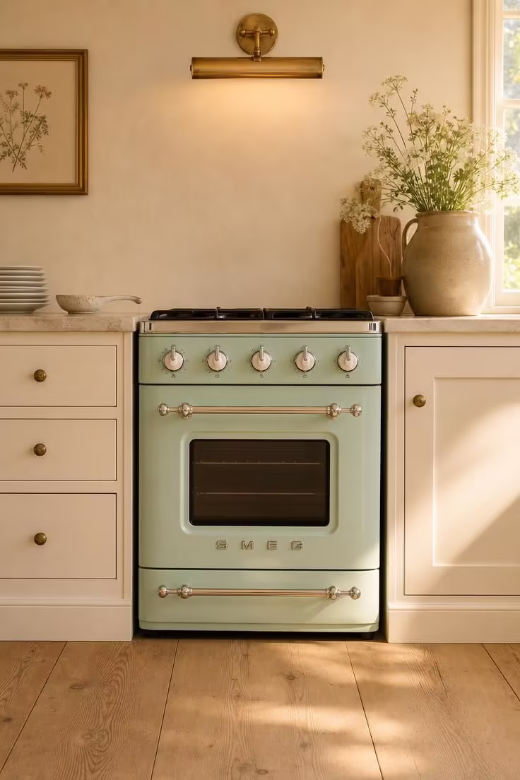 13 Breezy Summer House Kitchen Ideas for Sunny Mornings 4 A pastel mint SMEG range with chrome handles between bone white inset cabinets, lit by warm golden afternoon light.