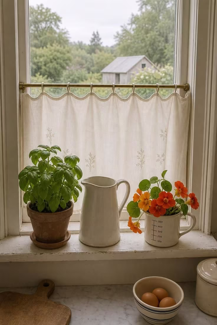 13 Breezy Summer House Kitchen Ideas for Sunny Mornings 5 Scalloped cream cotton cafe curtains across a deep wooden window sill holding basil, an ironstone pitcher, and nasturtiums.