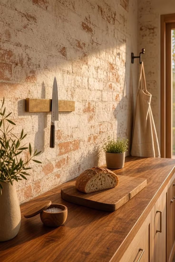 13 Breezy Summer House Kitchen Ideas for Sunny Mornings 6 A whitewashed brick wall behind a long oiled walnut butcher block counter with a bread board and brass knife rack.