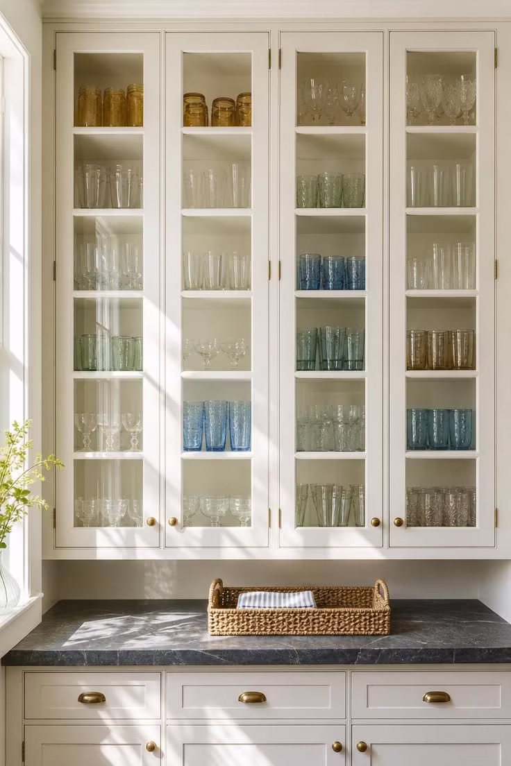 13 Breezy Summer House Kitchen Ideas for Sunny Mornings 7 A full wall of glass-front white cabinets filled with mismatched drinking glasses including jelly jars, Collins glasses, and cocktail coupes.