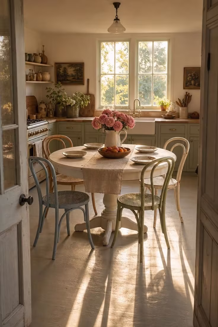 13 Breezy Summer House Kitchen Ideas for Sunny Mornings 9 A round white painted pedestal table with mismatched bistro chairs in dusty blue, sage, cream, and cane, set for a casual meal.