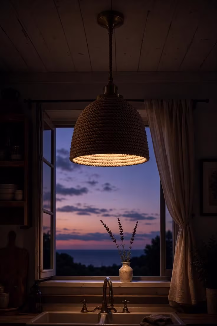 13 Breezy Summer House Kitchen Ideas for Sunny Mornings 10 A rope-wrapped pendant light with brass canopy hanging above a sink window at dusk, with lavender in a ceramic vase on the sill.