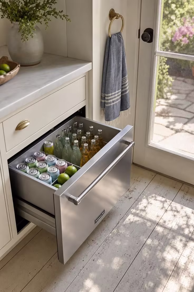 13 Breezy Summer House Kitchen Ideas for Sunny Mornings 11 A built-in stainless beverage drawer pulled open beside a screened back door, filled with glass bottles, limes, and pastel seltzer cans.