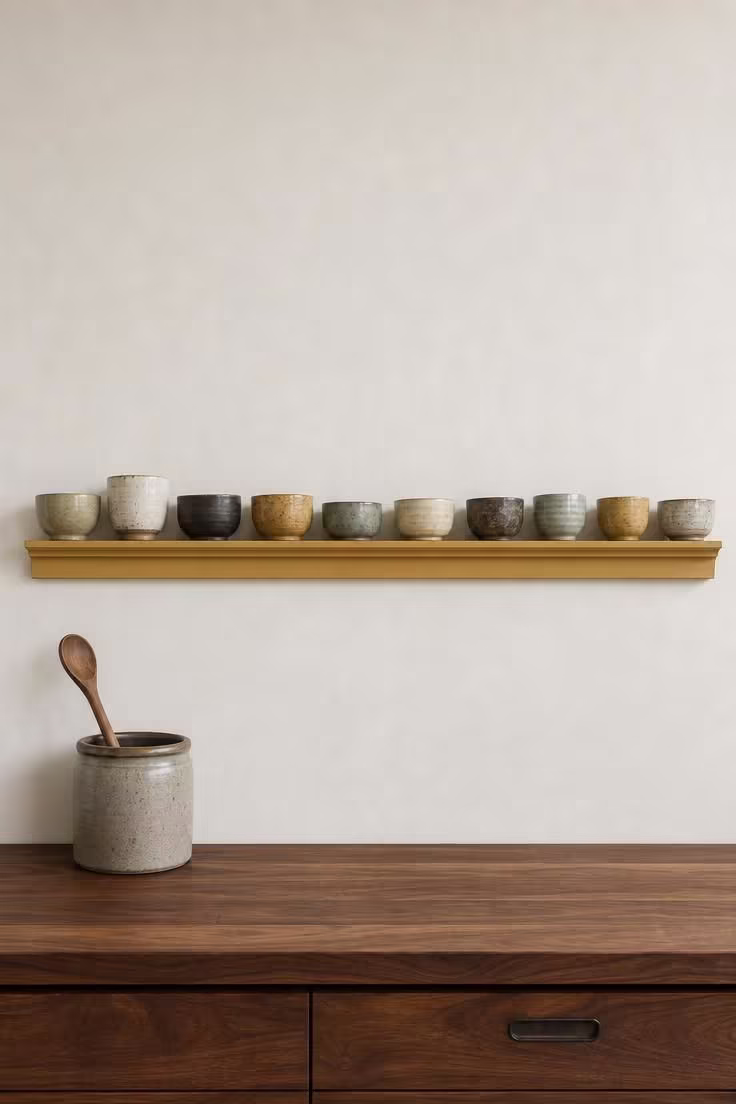 13 Breezy Summer House Kitchen Ideas for Sunny Mornings 12 A soft mustard painted plate rail holding ten mismatched hand-thrown ceramic bowls in stoneware glazes against a bone white wall.