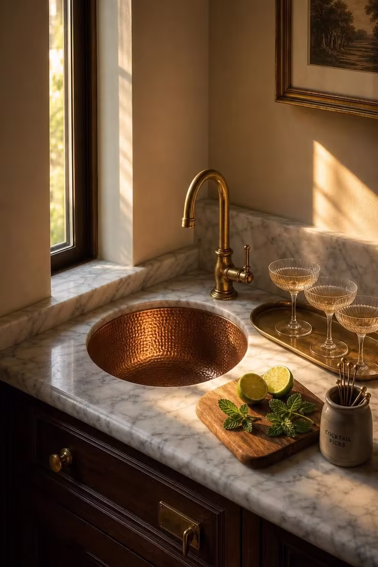13 Breezy Summer House Kitchen Ideas for Sunny Mornings 13 A hammered copper bar sink in a sunlit corner with marble counter, brass arched faucet, coupe glasses, and a wooden board with lime and mint.