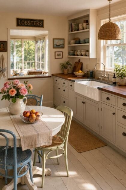 13 Breezy Summer House Kitchen Ideas for Sunny Mornings A breezy summer house kitchen with pale painted cabinets, butcher block counter, farmhouse sink, rattan pendant, open shelving, and a round pedestal table set for a casual lunch in warm afternoon light.