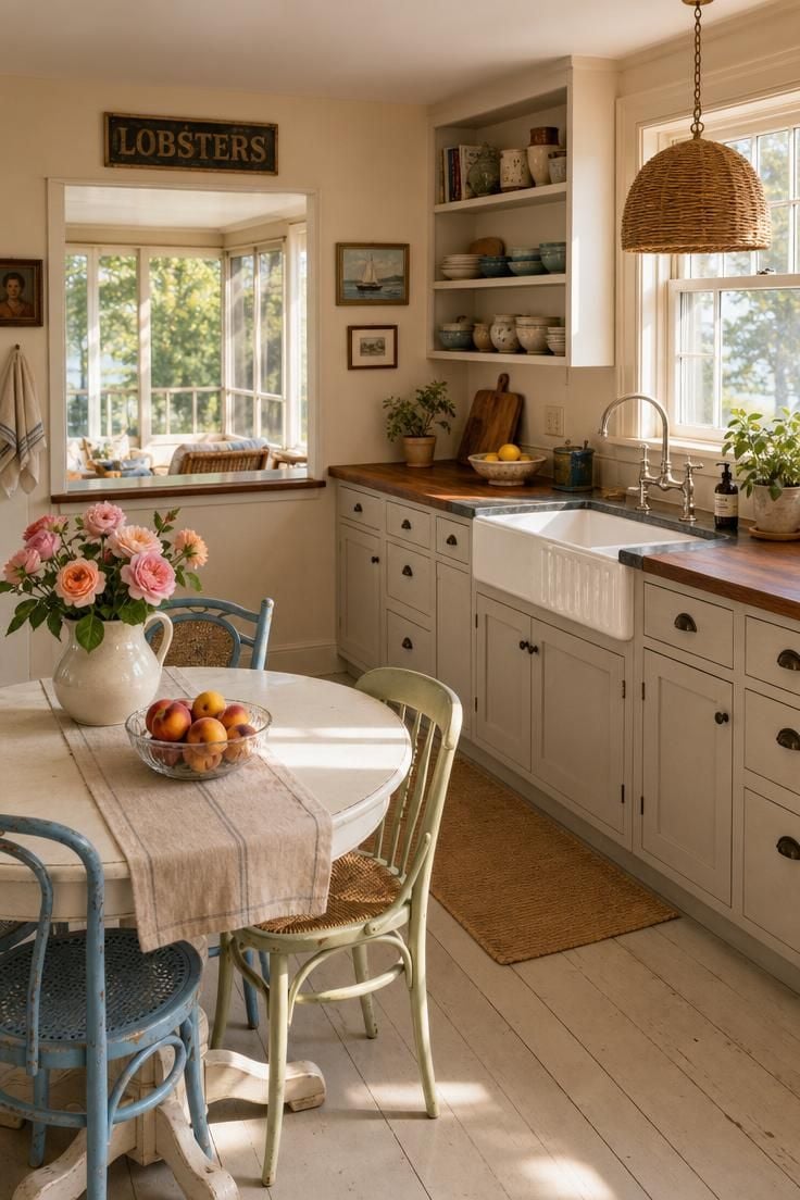 A breezy summer house kitchen with pale painted cabinets, butcher block counter, farmhouse sink, rattan pendant, open shelving, and a round pedestal table set for a casual lunch in warm afternoon light.