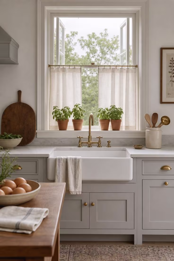 15 Bright Summer Kitchen Ideas to Refresh Your Space 2 Buttermilk cream linen cafe curtains hung on a brass rod over a fireclay apron-front sink, with potted basil on the sill.