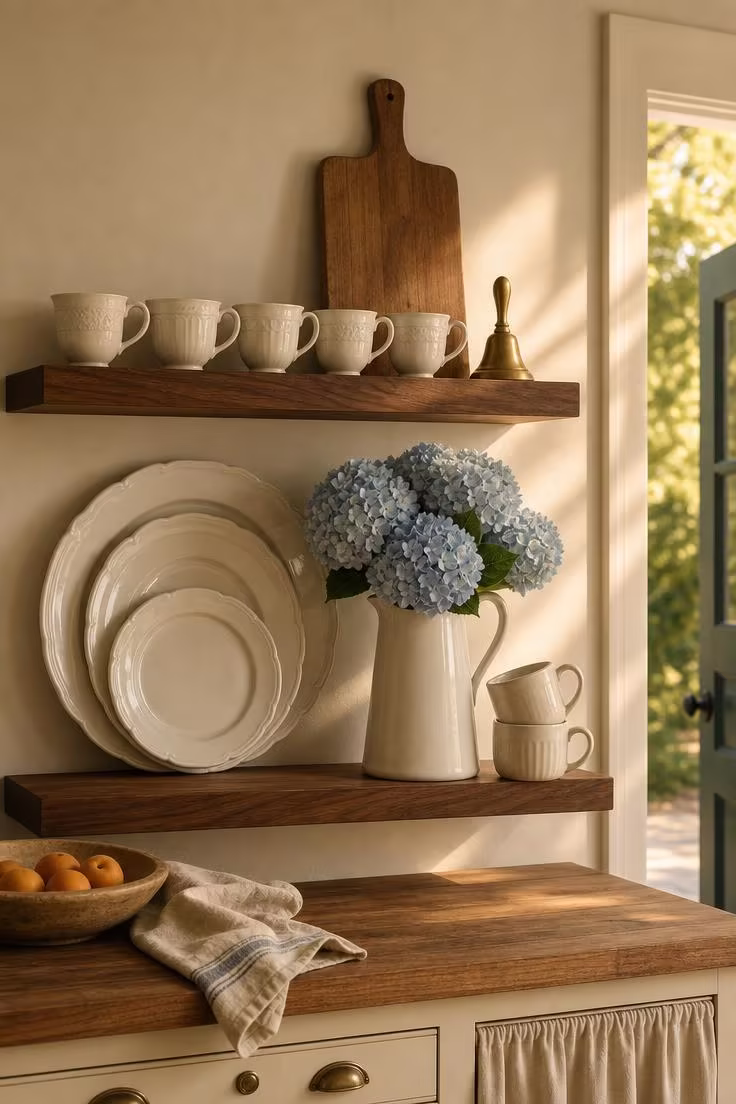 15 Bright Summer Kitchen Ideas to Refresh Your Space 3 Two walnut floating shelves styled with white ironstone platters, mugs, and a pitcher of pale blue hydrangea in warm golden light.